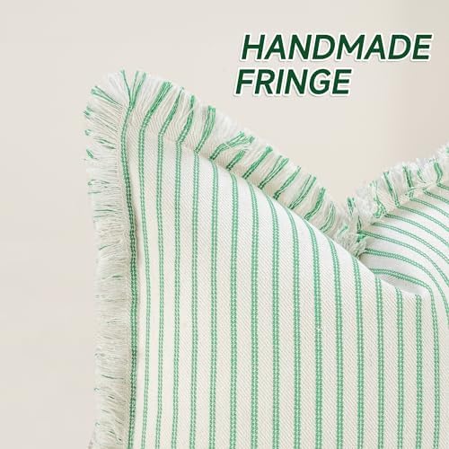 ZWJD Throw Pillow Covers 26x26 Set of 2 Green Striped Pillow Covers with Fringe Chic Cotton Decorative Pillows Square Cushion Covers for Sofa Couch Bed Living Room Farmhouse Spring Decor - Image 2