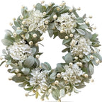 Idyllic 22 Inch Lambs Ears Leaves Everyday Wreath with Ivory Hydrangea and Cream Berries, Spring Summer Greenery Wreath with Burlap Ribbon Bow Knot for Doors, Rustic and Farmhouse Style Home Decor by idyllic