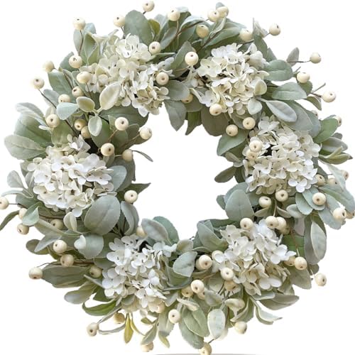 Idyllic 22 Inch Lambs Ears Leaves Everyday Wreath with Ivory Hydrangea and Cream Berries, Spring Summer Greenery Wreath with Burlap Ribbon Bow Knot for Doors, Rustic and Farmhouse Style Home Decor by idyllic