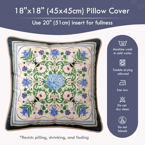 Vintage Navy Blue Floral Pillow Cover 18x18, Hydrangea & Bee - Image 6