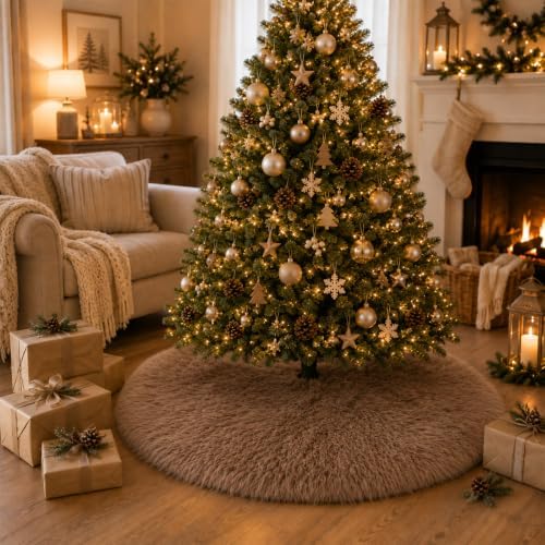 60 Inch Christmas Tree Skirt - Fluffy Faux Fur Light Brown Tree Skirt, Toka Colored Plush Xmas Holiday Decor for Parties, Small Round Tree Skirt - Image 5