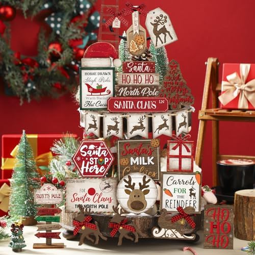 Nuogo 24 Pcs Christmas Tiered Tray Decorations Set and 2 Tiered Tray Stand With Handle - Winter Table Tabletop Snowman Decor for Home Farmhouse Hot Cocoa - Image 4