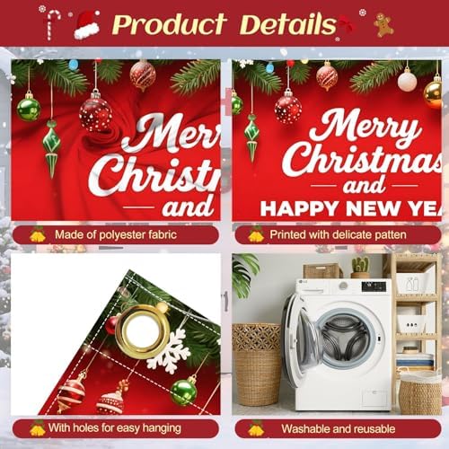 16x7Ft Dual Holiday Garage Door Banner - Happy New Year on Red Background with Ornaments Large Backdrop cover,Outdoor/Indoor Decor for Party Home - Image 3