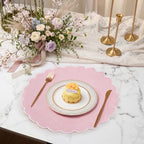 Set of 12 Pink Cotton Placemats 15" Round Scalloped White - Image 5