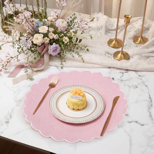Set of 12 Pink Cotton Placemats 15" Round Scalloped White - Image 5