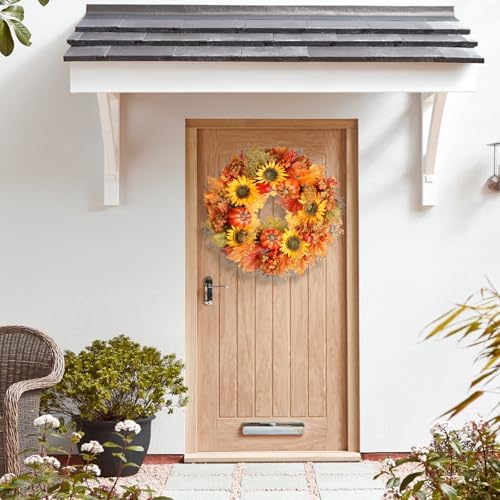 Fall Wreath, Pumpkin and Sunflowers Harvest Autumn Wreath, 22 Inch Wreaths for Front Door, Fall Wreaths for Indoors,Outdoors,Corridors, Offices. (Orange) - Image 5