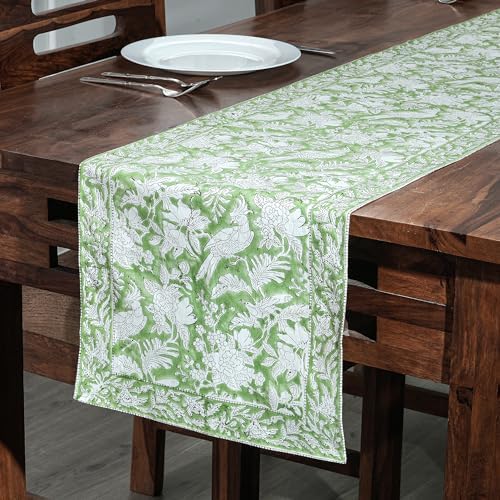CPC Olive Green Block Print Cotton Table Runner 16x90 Inch Long Runner by COTTONPRINTCLUB
