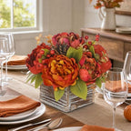 Fall Peonies Artificial Flowers Arrangements In Rustic Square Wooden Box - Image 5