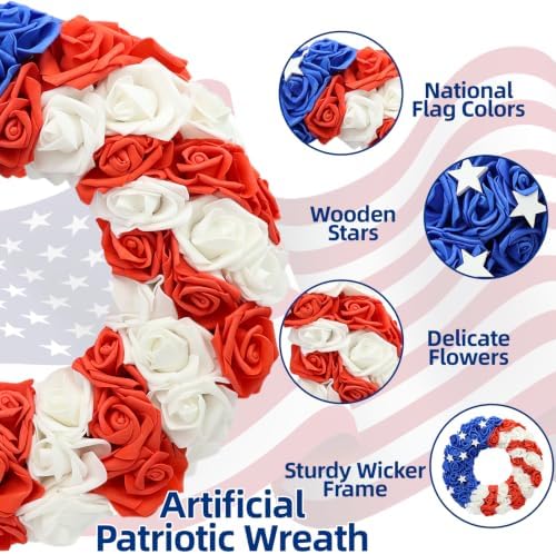 4th of July 18 Inch Wreath with Handmade Wooden Stars - Patriotic Front Door Wreath, Red White Blue American Flag Decoration for 250th Independence Day, Decor for Porch, Indoor Outdoor - Image 4