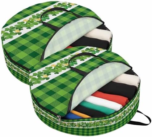 30 Inch Round Storage Bag 2 Pack,Irish Lucky Shamrock Threeleaf Grass Waterproof Wreath Storage Container with Handles&Zipper Green Buffalo Plaid Closet Organizer Bags Garland Box - Image 2