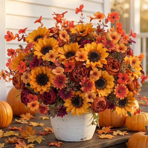 Mixed 10 Pcs Fall Artificial Sunflower Peony Bouquet, Yellow Burgundy Silk Faux Flower, Autumn Faux Floral Arrangements for Wedding Table Thanksgiving Porch Planters Garden Patio Outdoors Decor - Image 7