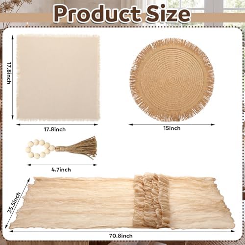 Frienda 6 Pcs Boho Woven Placemat Set with Runner, Napkin Rings, Beige - Image 2