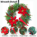Pinkpuii Pre-Lit Christmas Wreaths for Front Door 24 Inch Christmas Wreath with Lights,Large Winter Wreath with Cardinal Birds,Poinsettia,Green Evergreen Pine Needles Red Berries Holiday Wreath Decor - Image 3