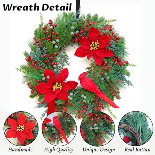 Pinkpuii Pre-Lit Christmas Wreaths for Front Door 24 Inch Christmas Wreath with Lights,Large Winter Wreath with Cardinal Birds,Poinsettia,Green Evergreen Pine Needles Red Berries Holiday Wreath Decor - Image 3