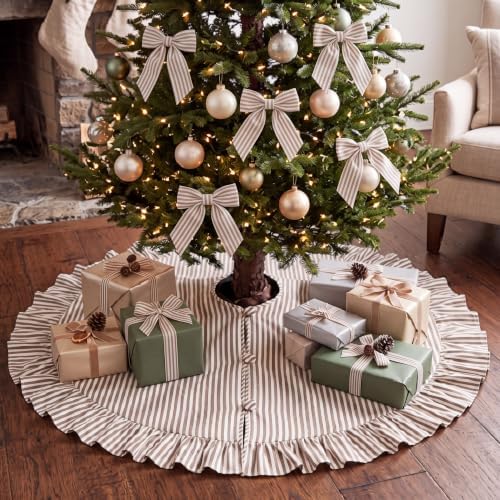 48 Inches Striped Christmas Tree Skirt Vintage Ruffle Decor, Brown by Civaner