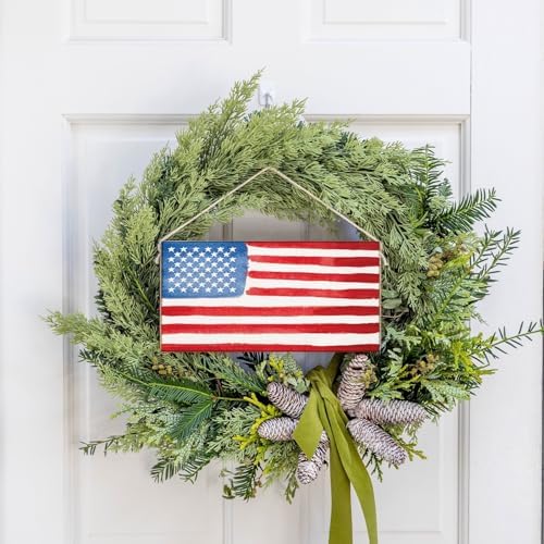 Rustic Marlin Watercolor American Flag Twine Sign Patriotic Farmhouse Barnwood Wall Decor Wooden Hanging Sign for Front Door Entryway Living Room Americana Home Decor - Image 3