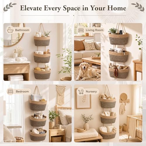 Novabright 3-Tier Hanging Basket Wall Mounted Woven Organizer, Boho Storage - Image 6