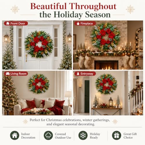 28 Inch Christmas Wreath for Front Door, Red Poinsettia Rose Holiday Wreath - Image 6