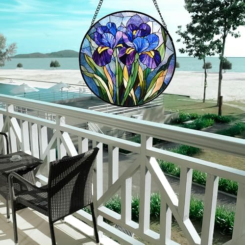 Blue Purple Iris Flowers Stained Glass Window Hanging Suncatcher Gifts 15" - Image 5