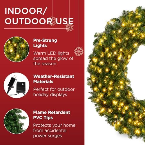 Best Choice Products 24in Large Artificial Pre-Lit Fir Christmas Wreath Holiday Accent Decoration w/ 50 LED Lights, 100 PVC Tips - Image 5