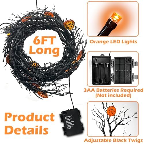 [ 8 Modes & Timer ] 6 Ft 45 LED Halloween Willow Vine Twig Garland Decorations with 15 Pumpkins Orange Lights, Battery Operated Waterproof Halloween Decorations for Home Wall Mantle Fireplace Decor - Image 3