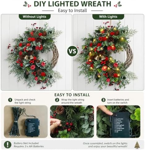 Christmas Wreath for Front Door, Artificial Door Wreaths with LED Lights Bells Berries & Pinecones Christmas Decorations, Xmas Wreaths for Wall Window Fireplace Holiday Home Decor - Image 5