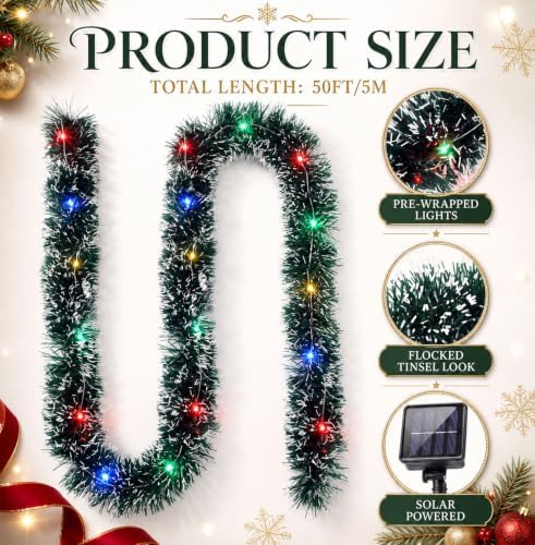 Dingion 50 ft Pre-lit Christmas Garland for Outdoor Dark Green & Colored - Image 2