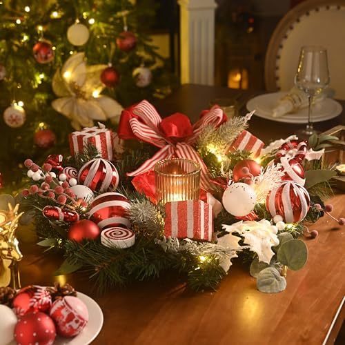 Valery Madelyn 24'' Pre-Lit Christmas Wreath for Front Door with Lights, Collapsible Lighted Outdoor Christmas Wreath with Red White Xmas Balls & Bow for Home Porch Fireplace Window Holiday Wall Decor - Image 3