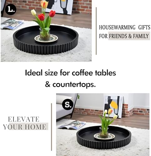 Modern Table Round Decorative Trays 2pcs Home Decor - Circle Coffee Table Centerpiece Set 12"/10" - Wooden Black Ottoman Tray with Fluted Edge - Image 4