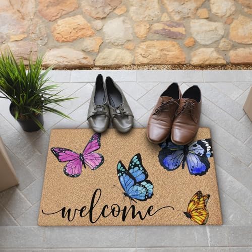 Butterfly Coco Coir Doormat Door Welcome Mat for Home Entrance Front Door, Cute Rustic Colorful Butterfly Welcome Floor Mats for Outdoor Outside Entryway 30x17 Inch - Image 5