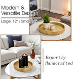 Modern Table Round Decorative Trays 2pcs Home Decor - Circle Coffee Table Centerpiece Set 12"/10" - Wooden Golden Ottoman Tray with Fluted Edge - Image 2
