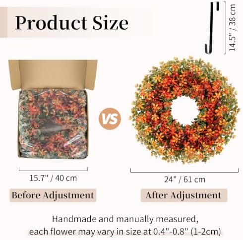 BLOSMON Fall Door Boxwood Wreath, 24 Inch Autumn Wreaths with Hanger - Image 3