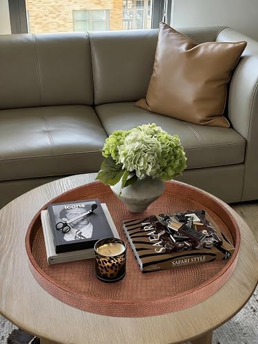 HofferRuffer Large Round Serving Tray 24'', Elegant Faux Leather Circle Ottoman Table Tray, Serve Tea Coffee Breakfast in Bedroom Living Room Kitchen (Antique Brown, 24'') - Image 4