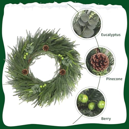 LOKEISNA Real Touch Norfolk Pine Wreath, 24" Artificial Christmas Wreaths for Front Door, Soft Bendable Pine Wreaths for Front Door, Christmas Door Decorations - Image 3