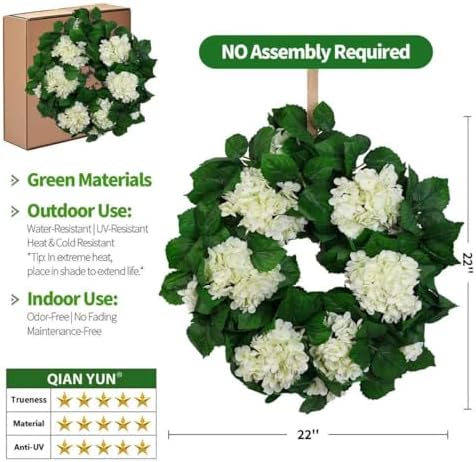 22" Hydrangea Wreath for Front Door – All-Season Wedding Décor with Lamb’s Ear Leaves & Hydrangea Blooms – Spring/Summer Farmhouse Style, Perfect Year-Round Decoration (White Hydrangea, Large) - Image 3