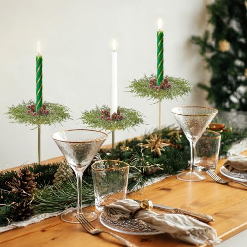 12 PCS Christmas Pine Taper Candle Rings Wreaths 1.38" Mini Norfolk Pine Taper Candle Holder Wreaths Candle Rings with Berry Pinecones for Xmas Holiday Church Home Table Centerpiece Candlesticks Decor - Image 2
