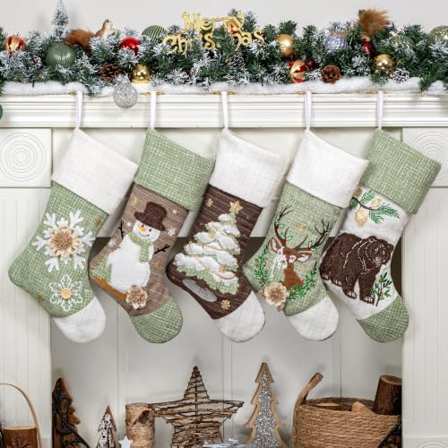 LUBOT 5 Pack Christmas Stockings Set of 5 Large Family Xmas Stocking Embroidered 20" Rustic Farmhouse Country Classic Fireplace Hanging Holiday Decor - Image 2