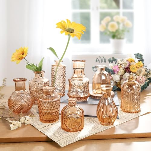 Bud Vases in Bulk 24, Amber Mini Glass Vases for Centerpieces, Vintage Embossed Small Vase for Flowers, Decorative Cute Vase for Wedding Table Decoration, Birthday Party, Baby Shower, Home - Image 5