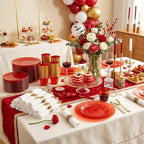 Rubtlamp 700Pcs Red Gold Plastic Dinnerware Set, Hammered Red Gold Plates, Fancy Plastic Plates Include 100 Dinner Platos, 100 Salad Platos, 100 Cups,100 Pack Pre Rolled gold plastic Silverware - Image 6