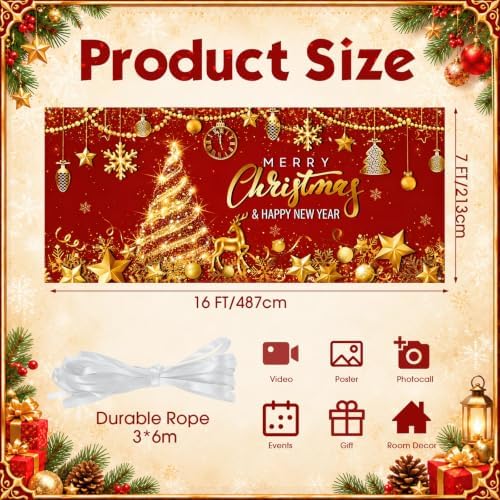 Tiamon Christmas Garage Door Cover Banner 7x16 ft Outdoor Xmas, Red Gold - Image 2