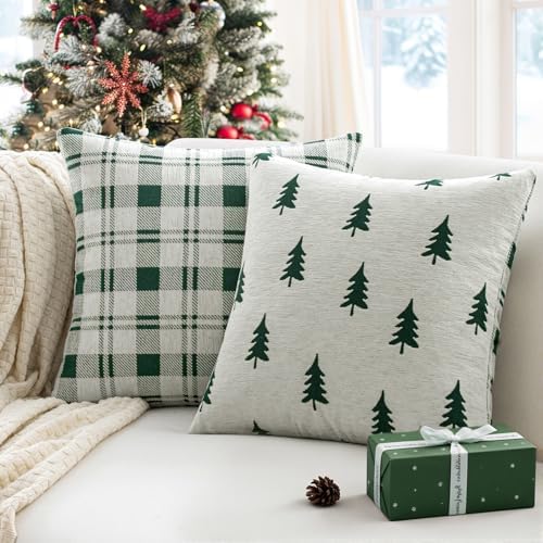 MIULEE Christmas Decorative Chenille Throw Pillow Covers, 16x16 Inch, White Dark Green Tree, Set of 2 Cute Trees with Plaid Patterns Pillows for Sofa Couch Bedroom Chair Xmas Home Decor - Image 2