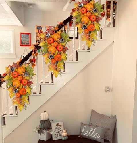 Pumpkin Harvest Teardrop Swag, 23.6 Inch, Mini Pumpkins & Fall Leaves - Image 7
