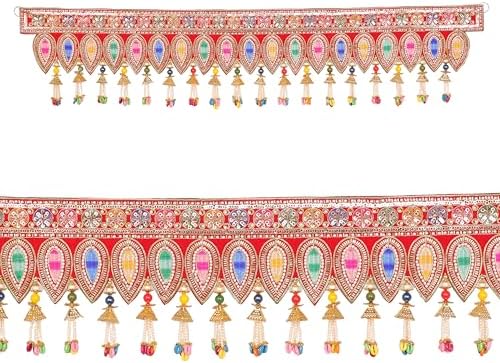 Decorative Toran Door Hanging Artificial Velvet Cloth Bandanwar Beads Leaf Design Wall Hanging for Entrance Window Home Temple for Indian Traditional Festival Decor (Size:-36"X9")(Red,Multicolour) by AditriCreation