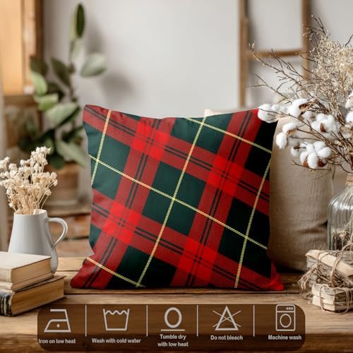 Batmerry Plaid Red Black Throw Pillow Covers, Retro Green Red Scottish Plaid Tartan Pattern Decorative Pillow Covers Digital Printing Blended for Couch Sofa Bed Invisible Zipper 24X24 in(Set of 2) - Image 3