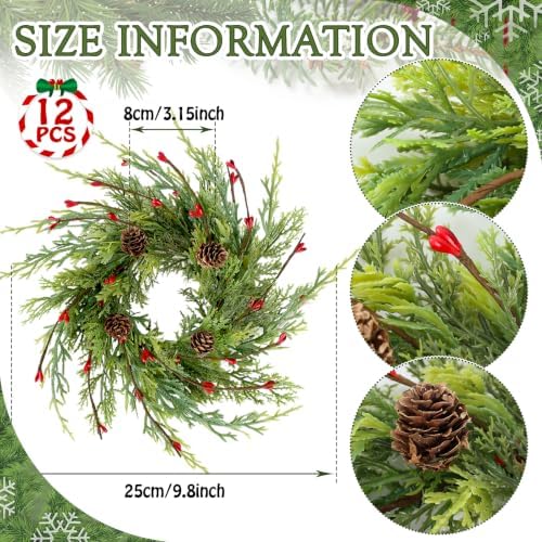 12 Pcs Artificial Christmas Candle Rings 9 Inch Cedar Pine Garland Wreaths with Red Berries Pinecones Wreaths Pine Needles Candle Ring Holder for Christmas Winter Decorations Table Centerpiece - Image 3