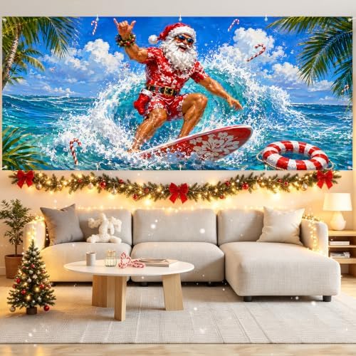 7x16FT Merry Chrismas Garage Door Banner Santa Claus Surfing Beach Garage Door Cover Decoration for Chrismas Outdoor Decoration - Image 6