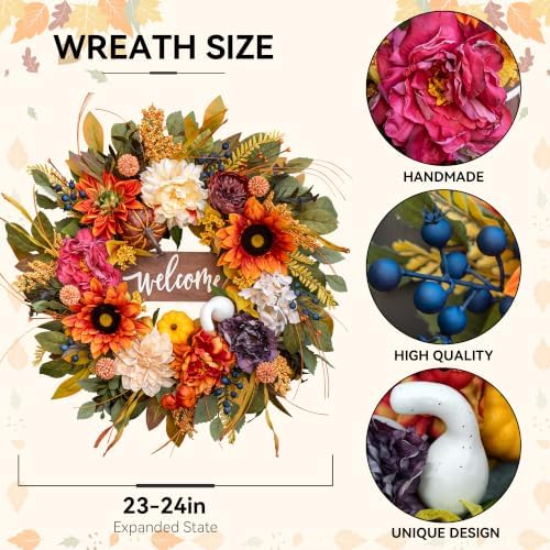 Artificial Harvest Fall Wreaths for Front Door 24 Inch Autumn Wreath - Image 2