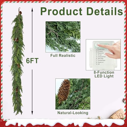 6ft Realistic Christmas Garland with LED Lights Artificial Cedar Cypress Garland with Pine Cones Garland for Home Fireplace Wall Indoor Outdoor Holiday Party Decoration-8 Lighting Modes - Image 4