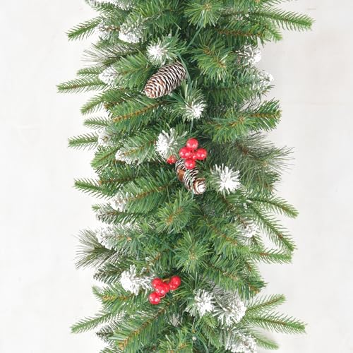 Christmas Garland with Prelit 9ft Christmas with 50 Warm White Lights, Pulg in, Snow PVC Mixed PE Pine Cones Red Berry Garland Xmas Decor for Stairs Wall Door Indoor Outdoor - Image 5