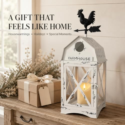 Farmhouse Decorative Lantern with Rooster Top, White Metal Candle Holder - Image 6